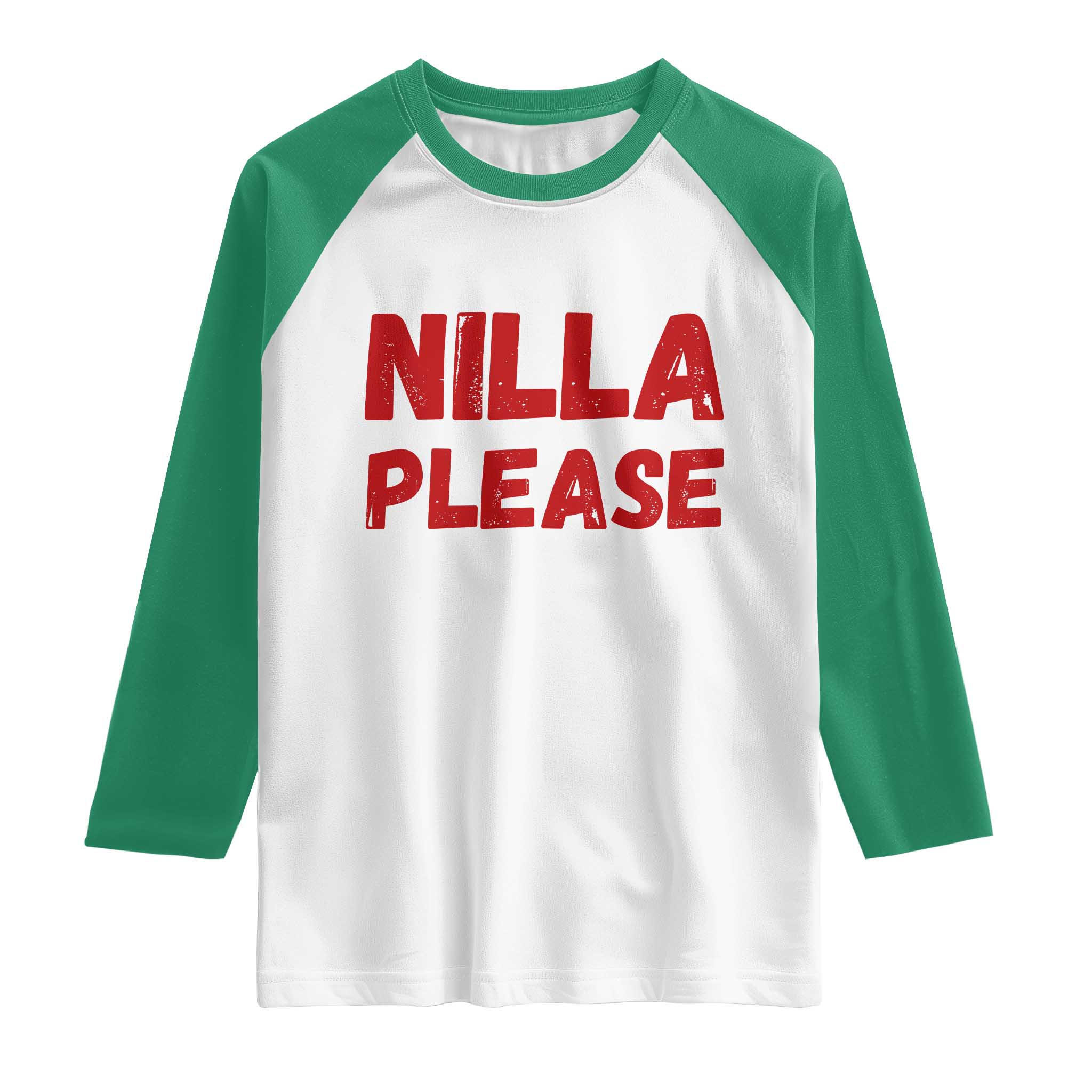 Nilla Please Funny Slang Meme Graphic Raglan Shirt Comedy Skit Distressed Red Typography TS02