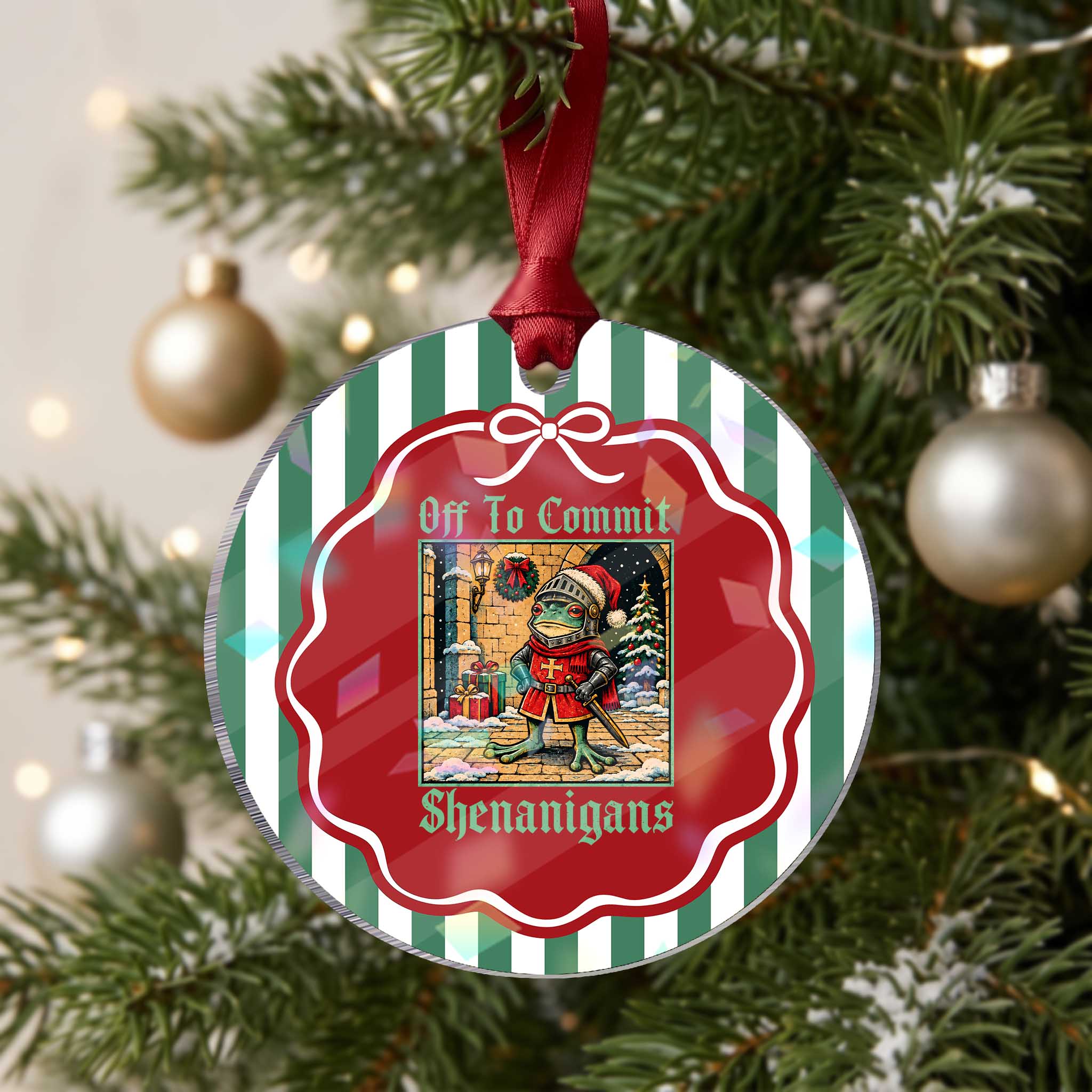 Off To Commit Shenanigans Funny Christmas Frog Knight Holographic Acrylic Ornament TS11