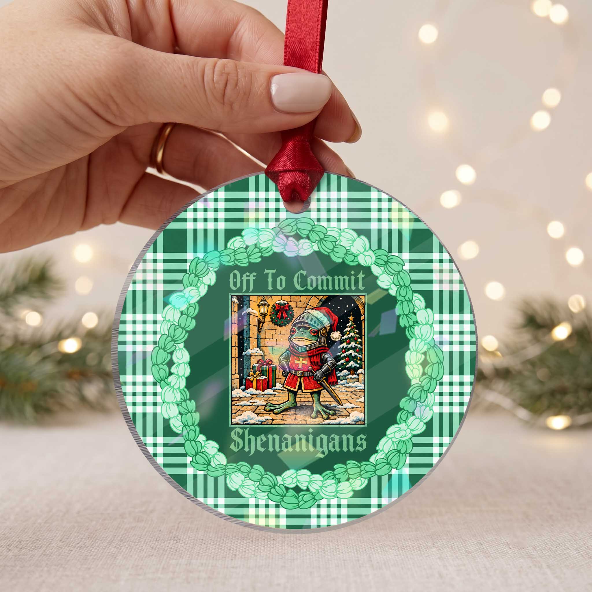 Off To Commit Shenanigans Funny Christmas Frog Knight Holographic Acrylic Ornament TS11