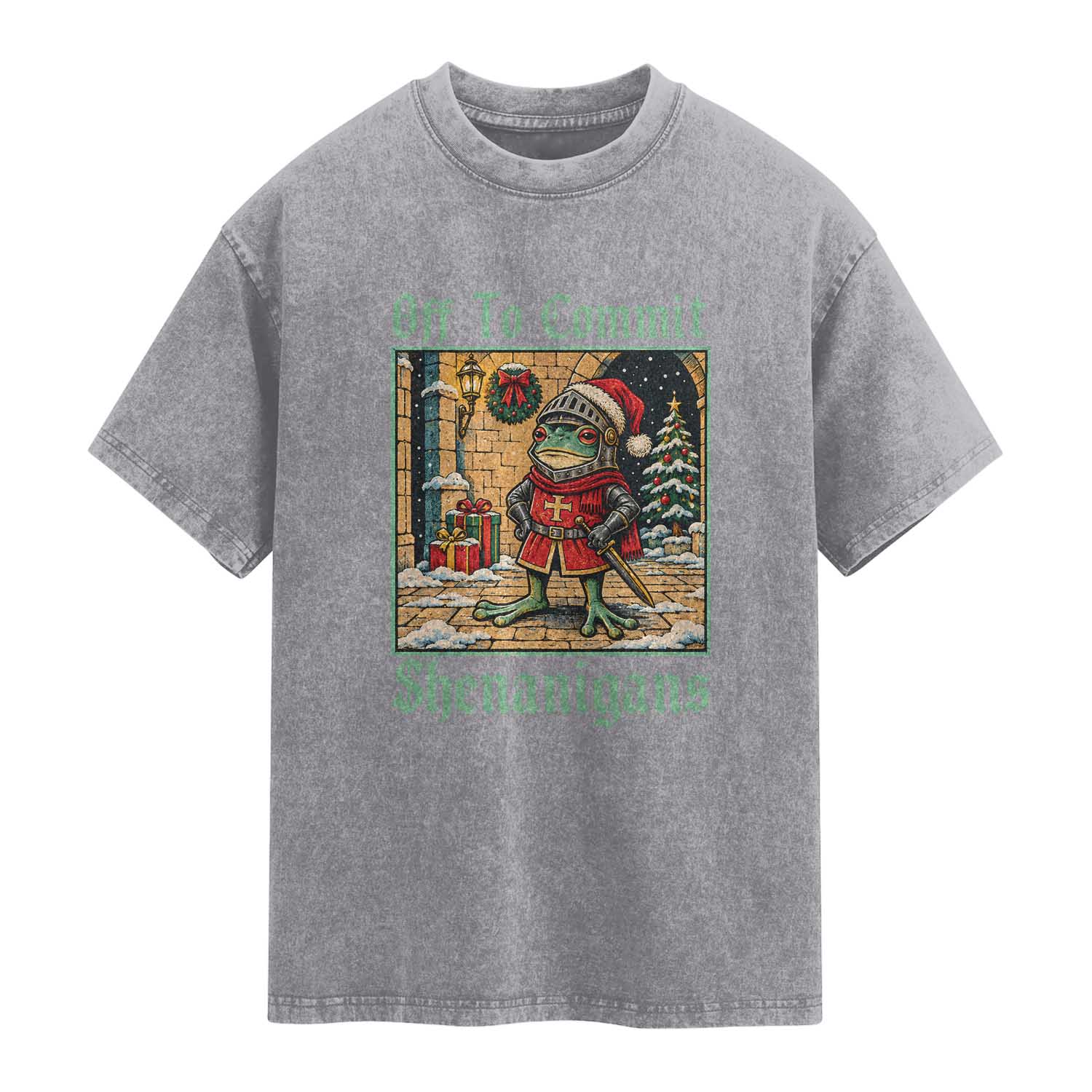 Off To Commit Shenanigans Funny Christmas Frog Knight Washed Cotton T-Shirt TS11