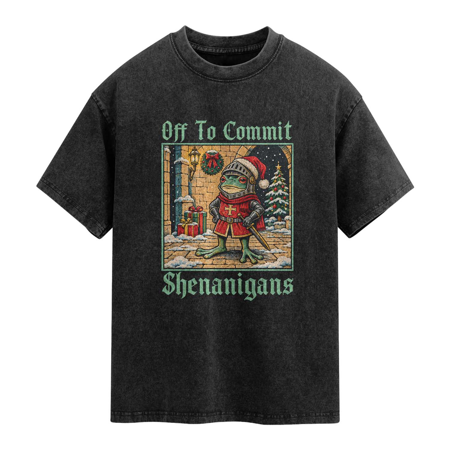 Off To Commit Shenanigans Funny Christmas Frog Knight Washed Cotton T-Shirt TS11