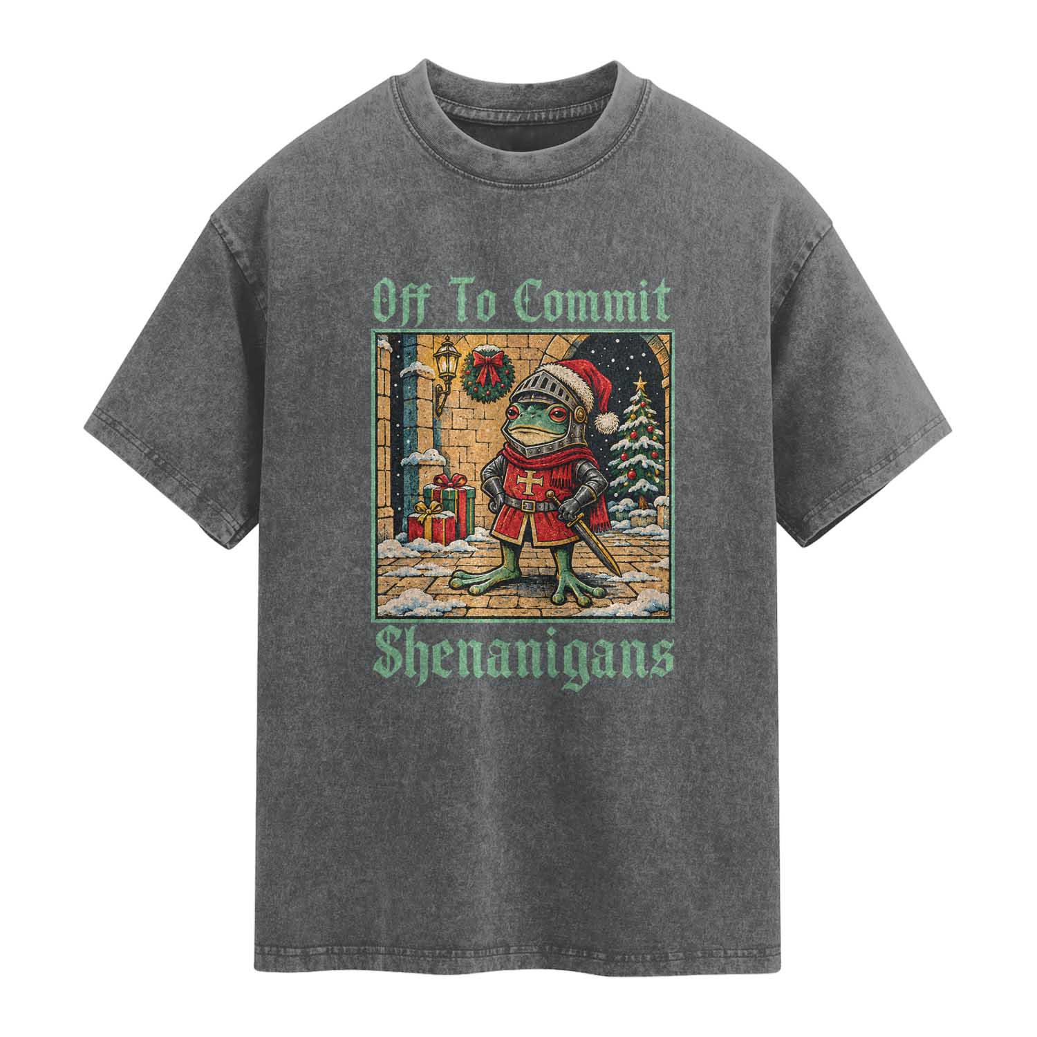 Off To Commit Shenanigans Funny Christmas Frog Knight Washed Cotton T-Shirt TS11