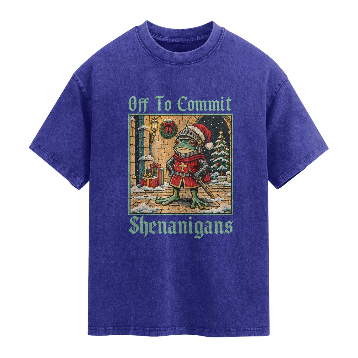 Off To Commit Shenanigans Funny Christmas Frog Knight Washed Cotton T-Shirt TS11