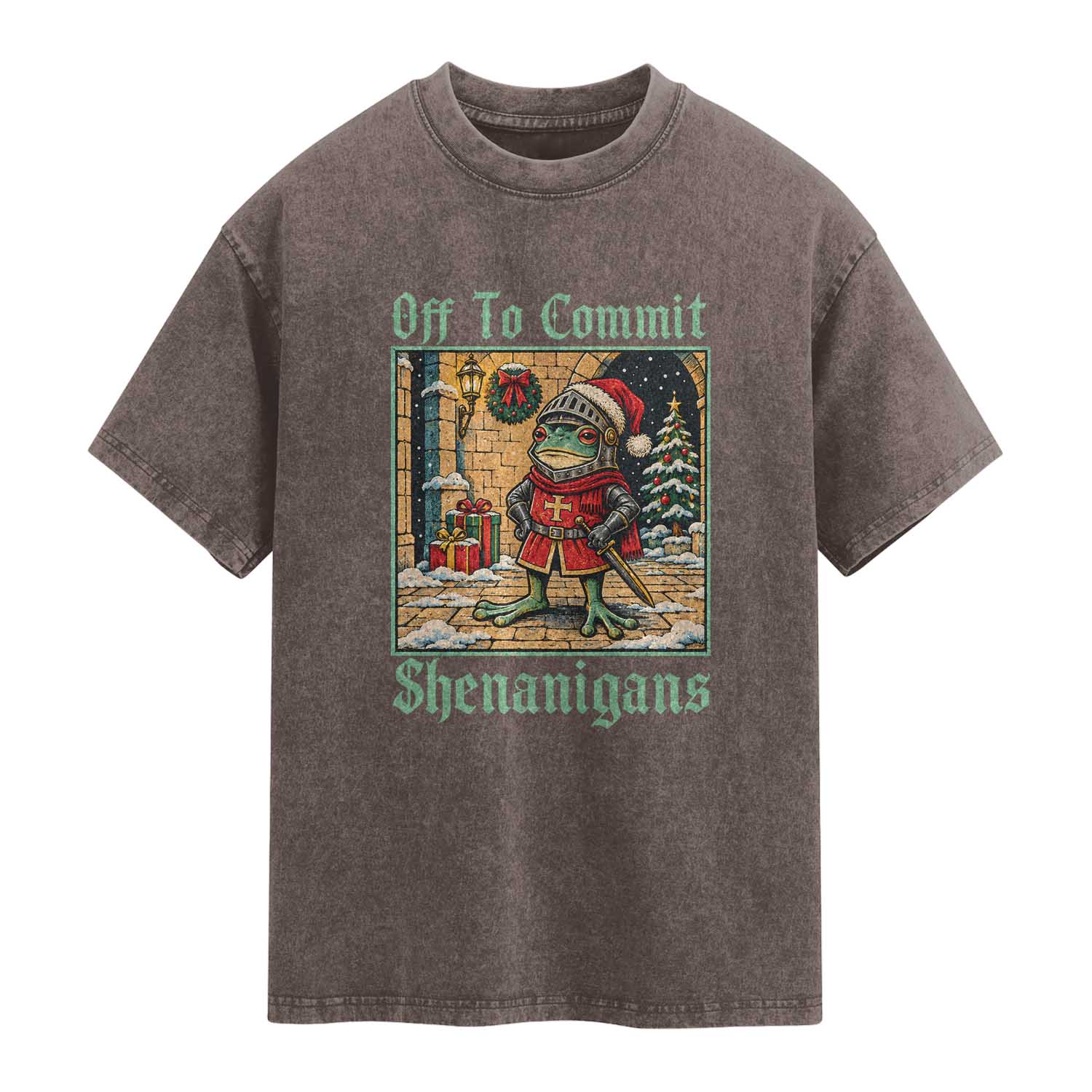 Off To Commit Shenanigans Funny Christmas Frog Knight Washed Cotton T-Shirt TS11