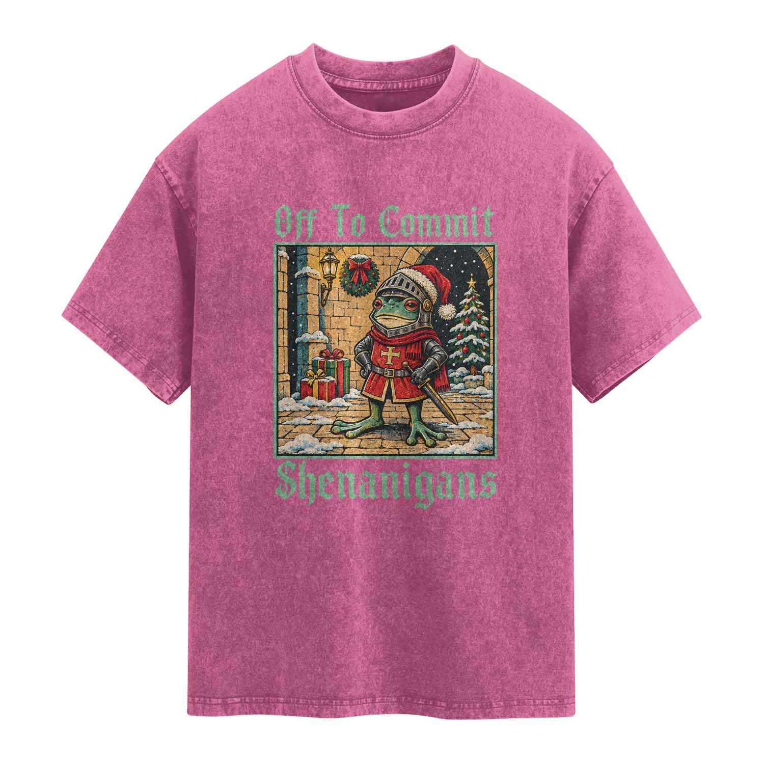 Off To Commit Shenanigans Funny Christmas Frog Knight Washed Cotton T-Shirt TS11