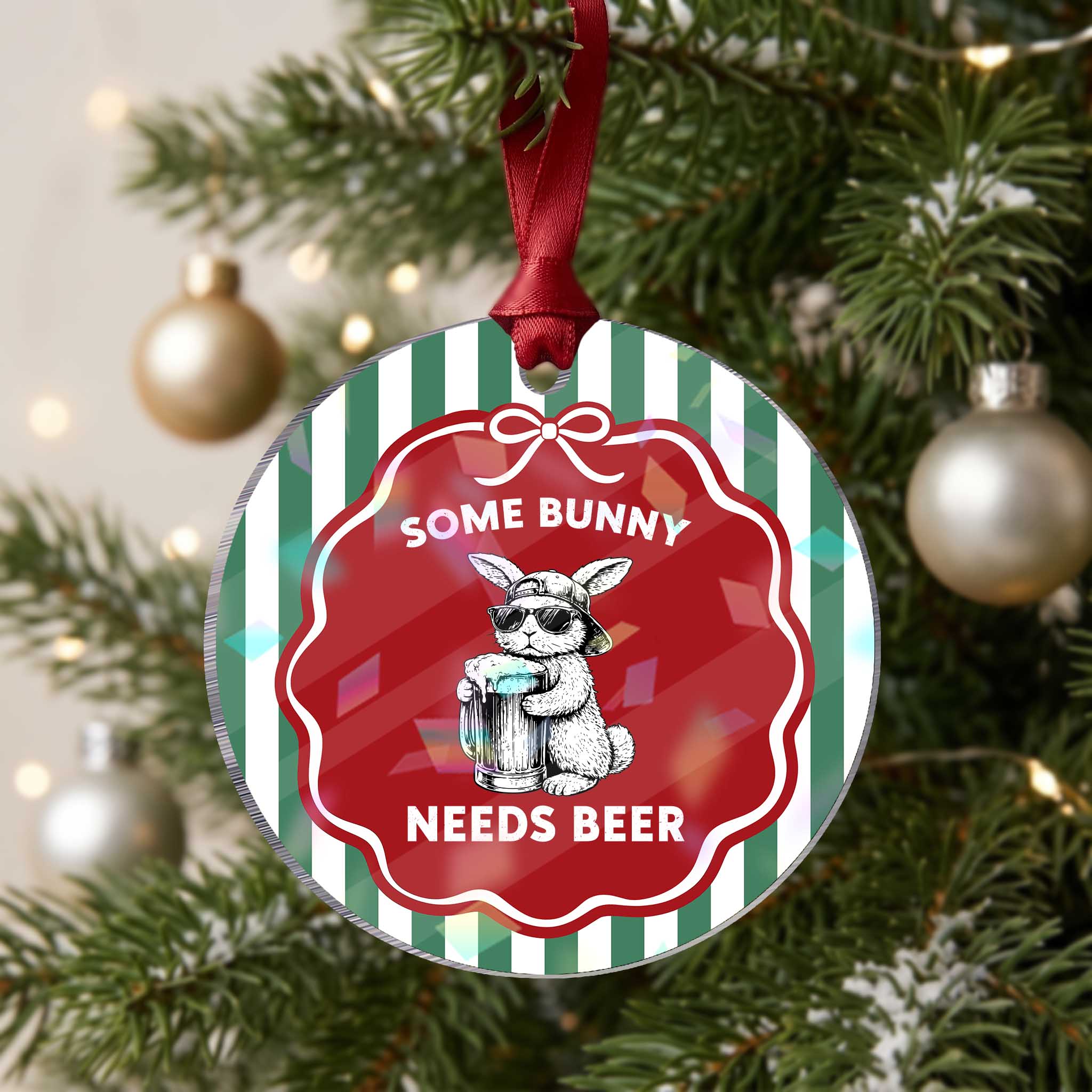 Some Bunny Needs Beer Funny Easter Drinking Humor Holographic Acrylic Ornament Cool Rabbit with Sunglasses Graphic Gift TS02