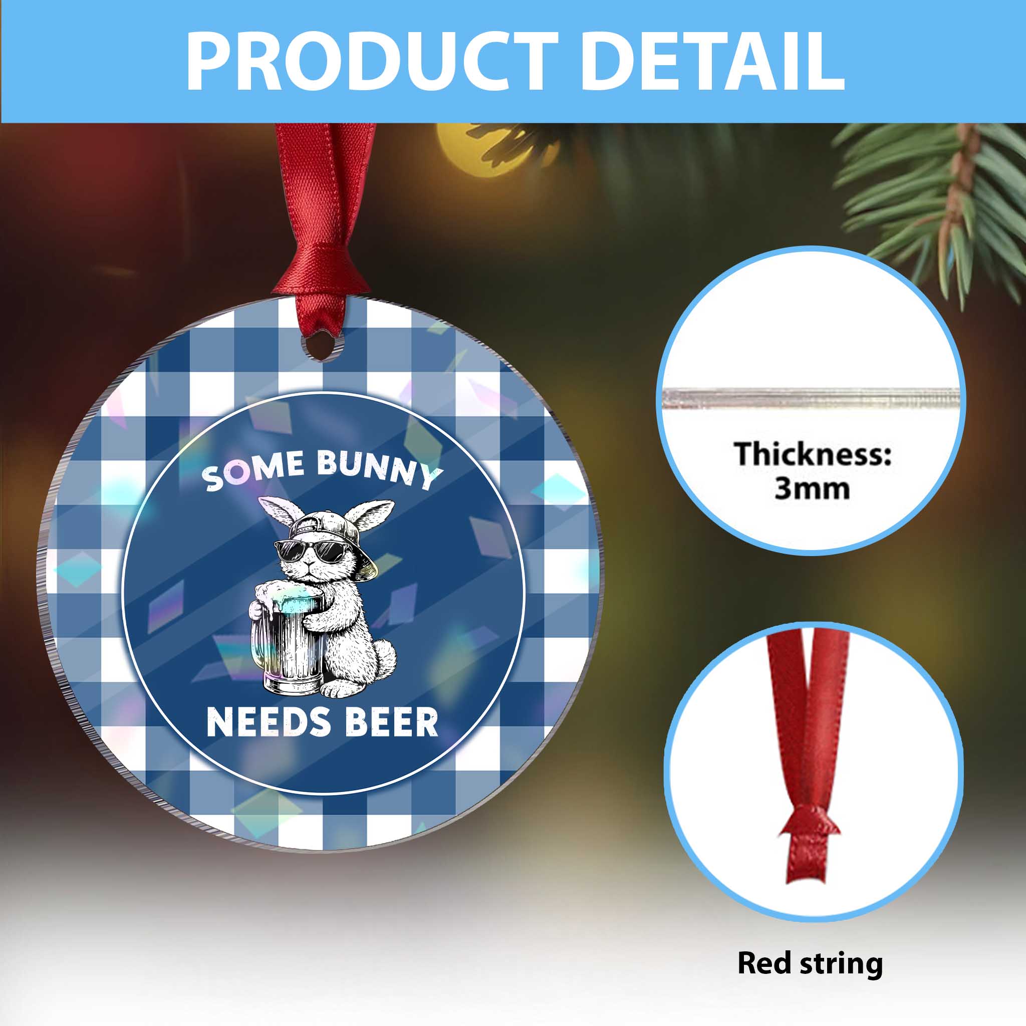 Some Bunny Needs Beer Funny Easter Drinking Humor Holographic Acrylic Ornament Cool Rabbit with Sunglasses Graphic Gift TS02