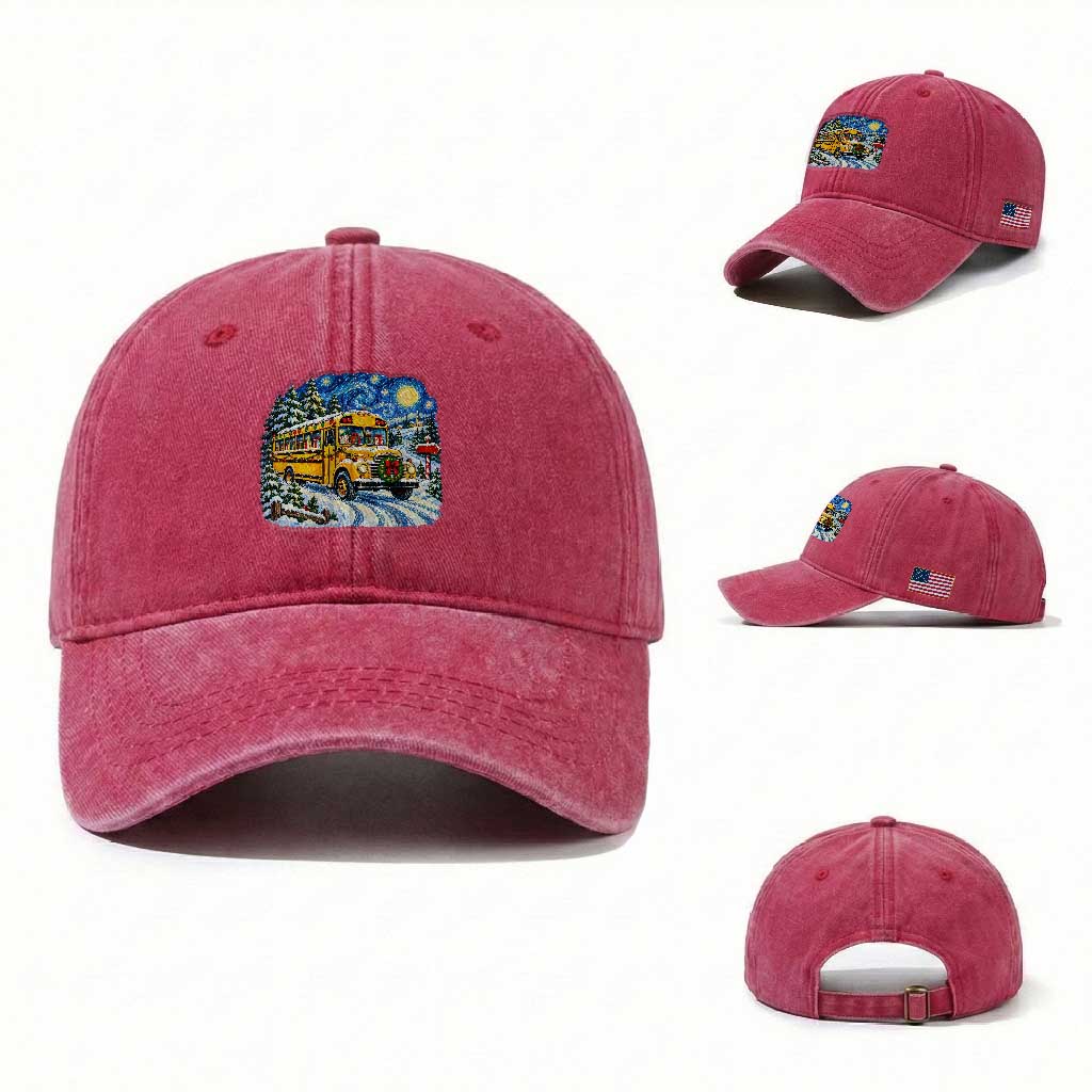 Starry Night Christmas School Bus Washed Cotton Baseball Cap Bus Driver Gift TS12