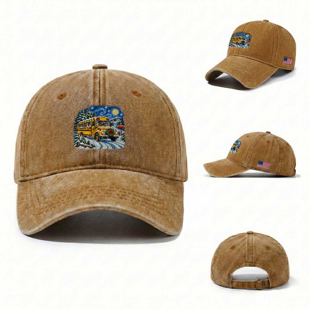 Starry Night Christmas School Bus Washed Cotton Baseball Cap Bus Driver Gift TS12