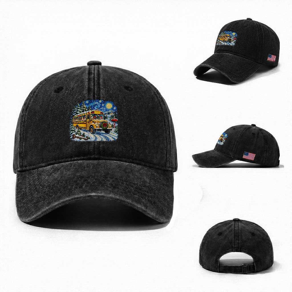 Starry Night Christmas School Bus Washed Cotton Baseball Cap Bus Driver Gift TS12