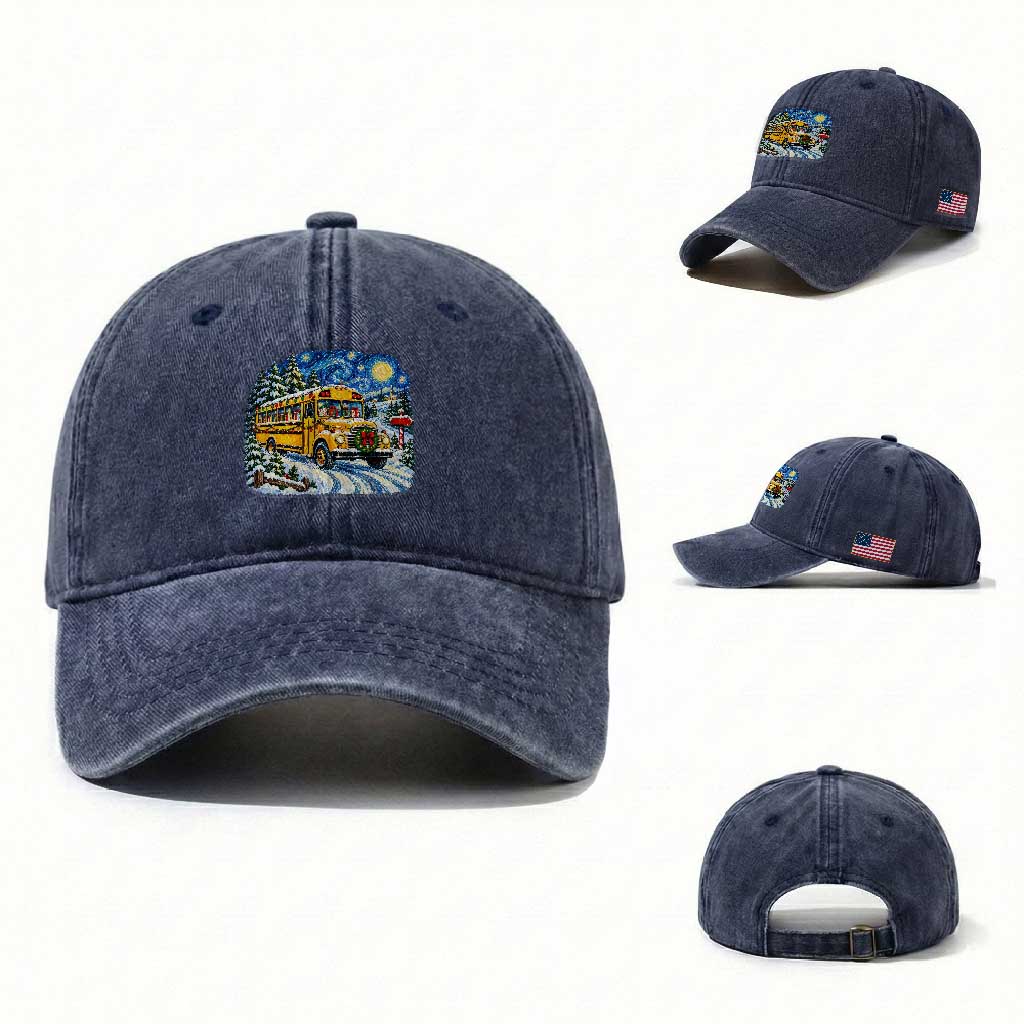 Starry Night Christmas School Bus Washed Cotton Baseball Cap Bus Driver Gift TS12