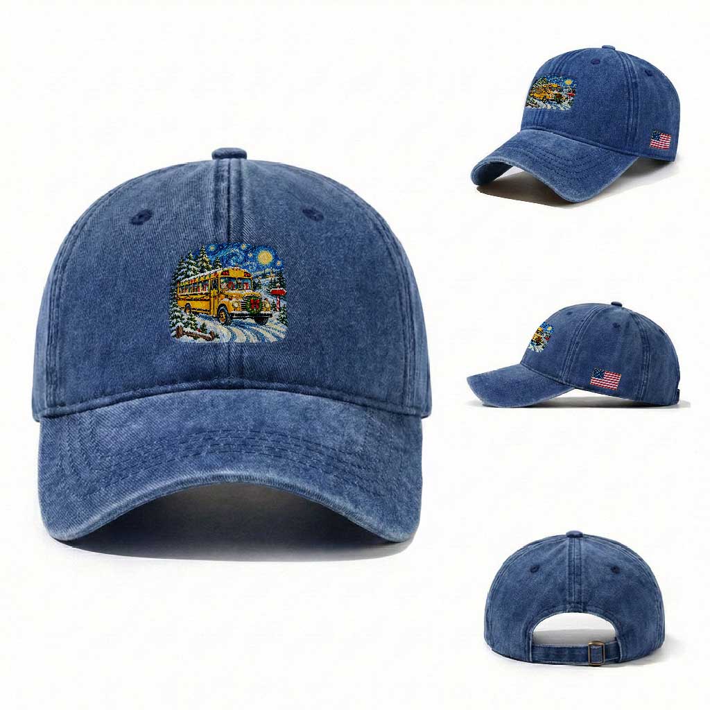 Starry Night Christmas School Bus Washed Cotton Baseball Cap Bus Driver Gift TS12