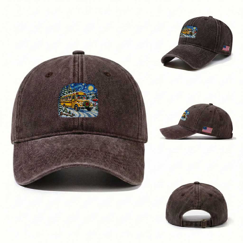 Starry Night Christmas School Bus Washed Cotton Baseball Cap Bus Driver Gift TS12