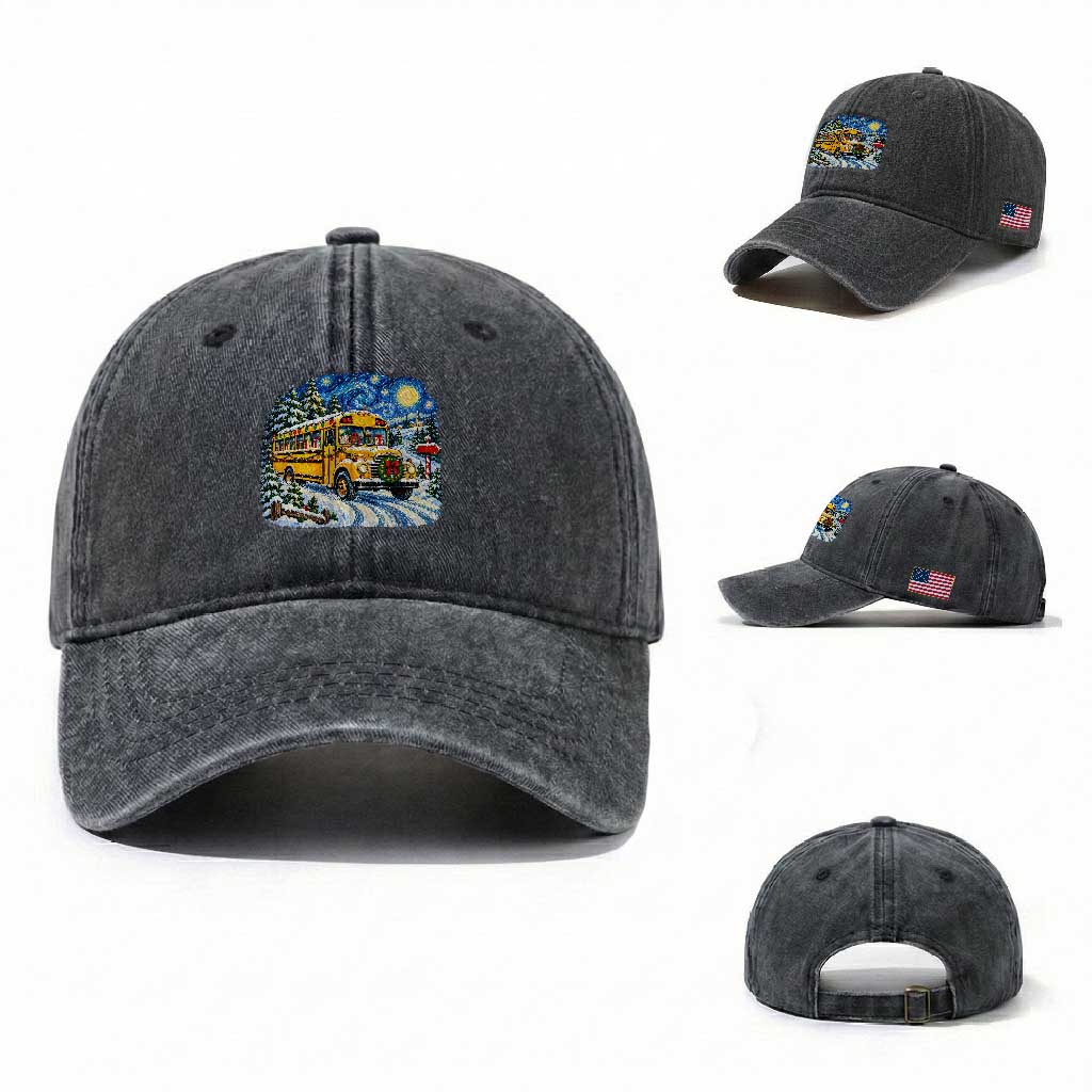 Starry Night Christmas School Bus Washed Cotton Baseball Cap Bus Driver Gift TS12