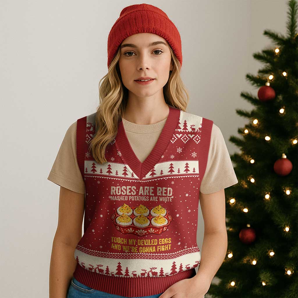 Touch My Deviled Eggs Funny Poem Thanksgiving Tray Graphic V-Neck Knit Sweater Vest TS02