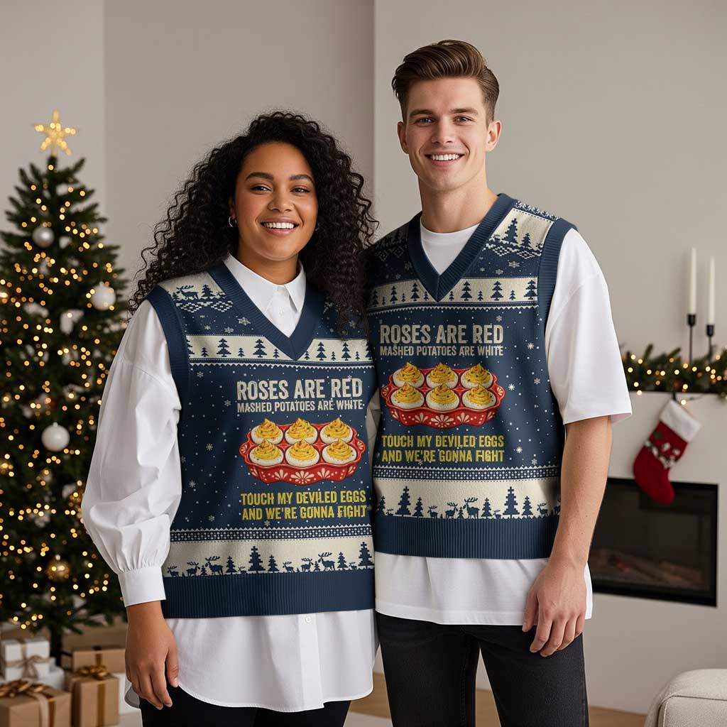 Touch My Deviled Eggs Funny Poem Thanksgiving Tray Graphic V-Neck Knit Sweater Vest TS02