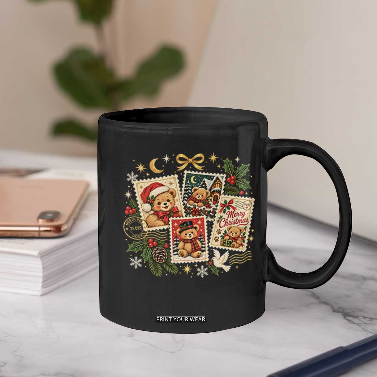 Vintage Christmas Teddy Bear Postage Stamp Coffee Mug Postage Stamp Winter Postcard Graphic TS10