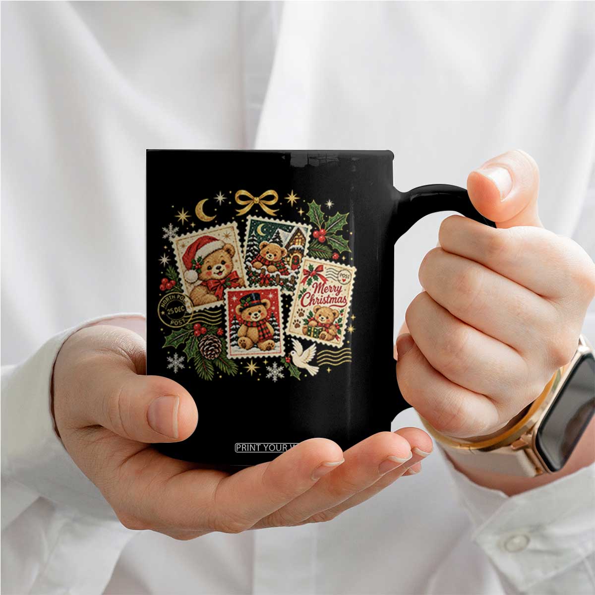 Vintage Christmas Teddy Bear Postage Stamp Coffee Mug Postage Stamp Winter Postcard Graphic TS10