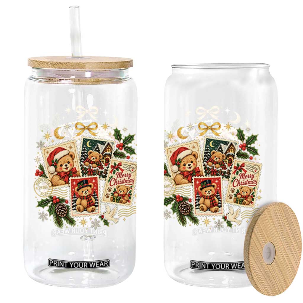 Vintage Christmas Teddy Bear Postage Stamp Glass Can Postage Stamp Winter Postcard Graphic TS10