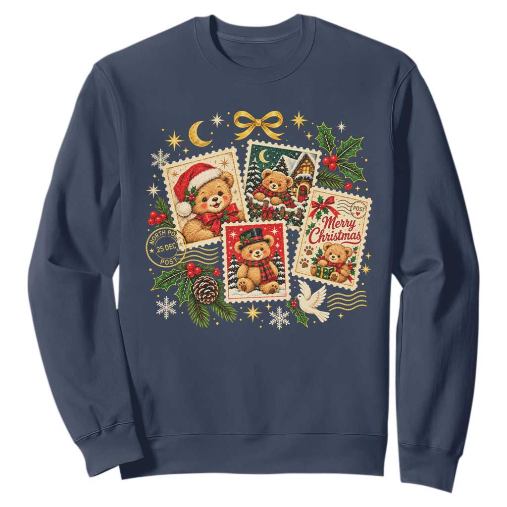 Vintage Christmas Teddy Bear Postage Stamp Sweatshirt Postage Stamp Winter Postcard Graphic TS10