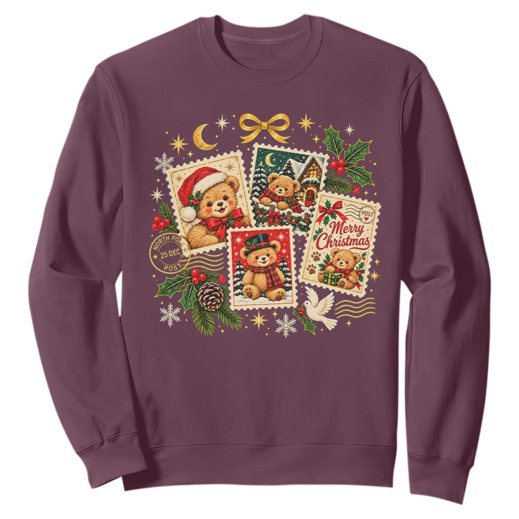 Vintage Christmas Teddy Bear Postage Stamp Sweatshirt Postage Stamp Winter Postcard Graphic TS10