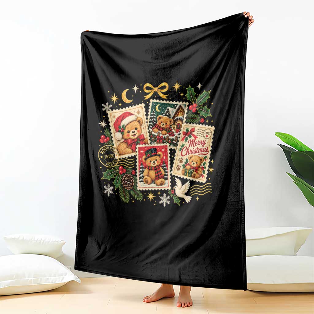 Vintage Christmas Teddy Bear Postage Stamp Throw Blanket Postage Stamp Winter Postcard Graphic TS10