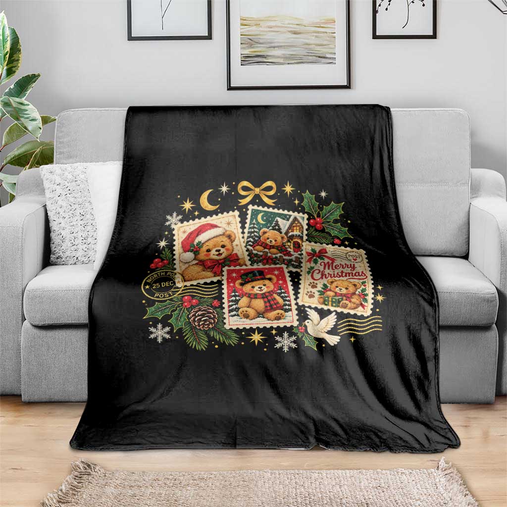 Vintage Christmas Teddy Bear Postage Stamp Throw Blanket Postage Stamp Winter Postcard Graphic TS10